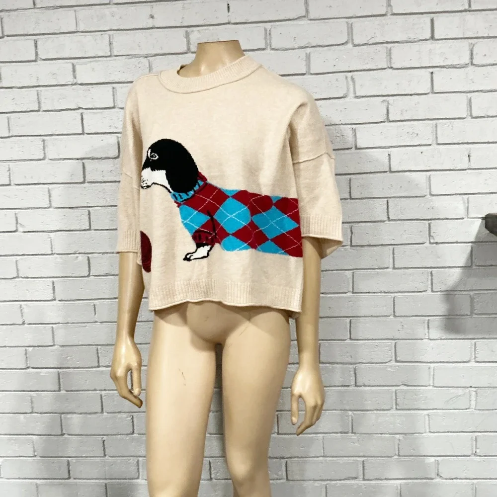 Anthropologie Dachshund Dog Cashmere Knit Sweater Beige NWT - Picture 3 of 15